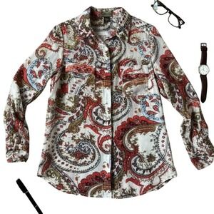 2Oh Threads Paisley Print Button Down Blouse Silk Blend Velvet burnout STUNNING